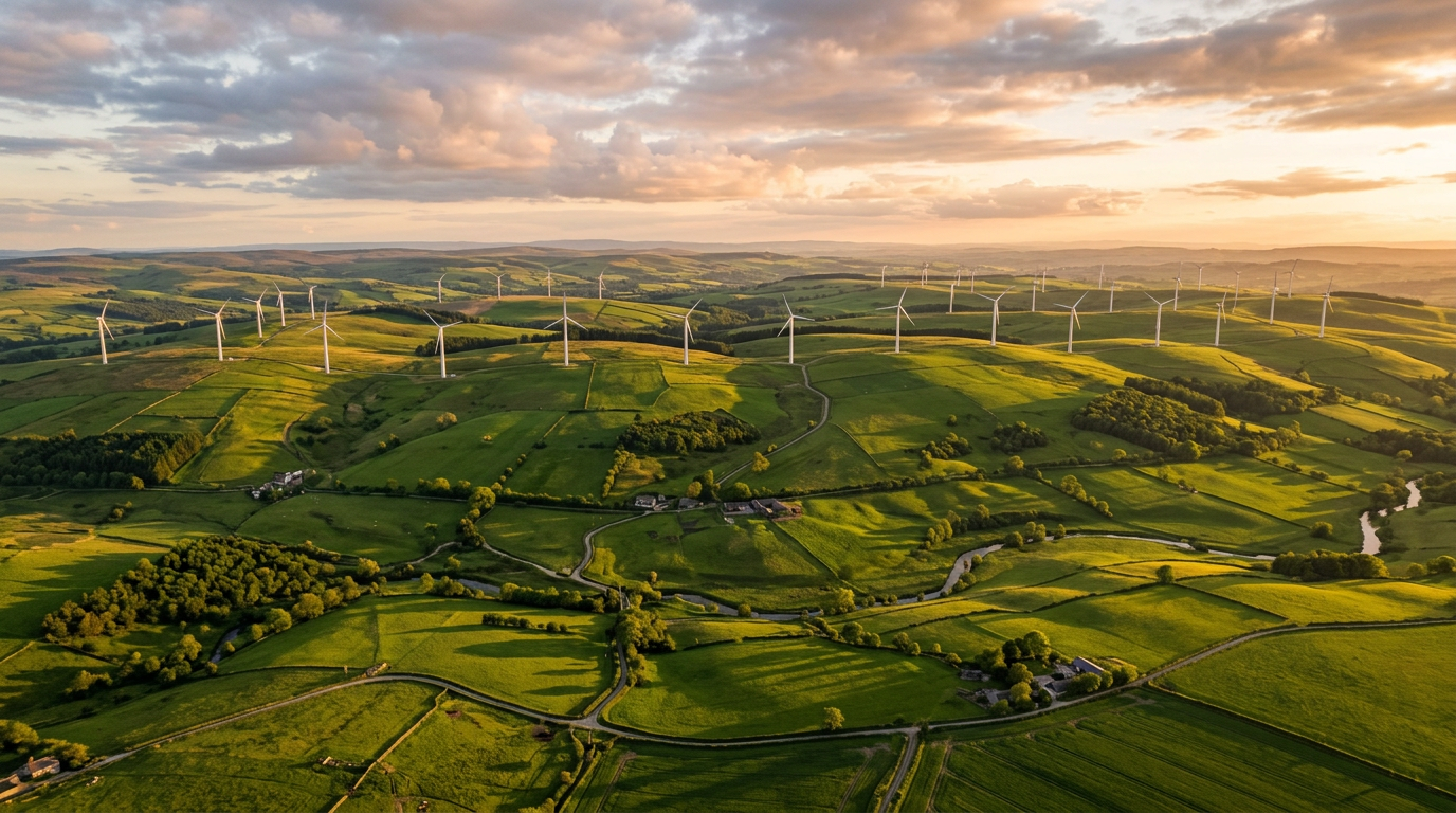 Rolling green energy landscape with wind turbines